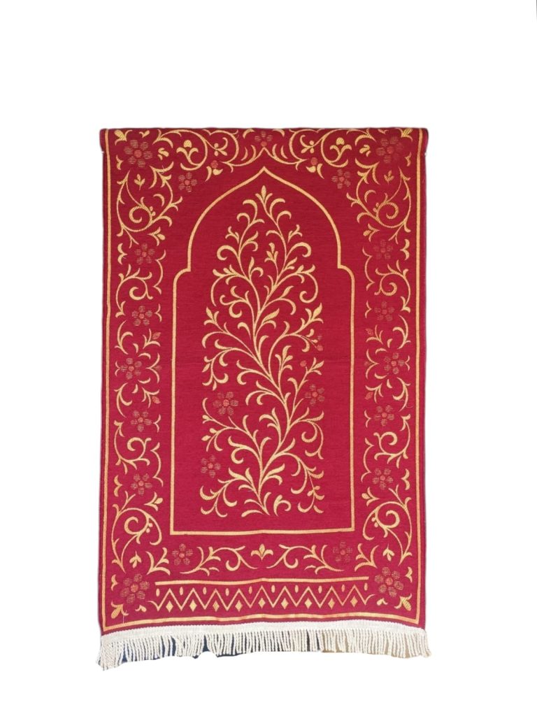 Elegantly designed maroon red prayer mat with floral gold embroidery made of premium chenille, supplied by Sakakriya Indonesia.