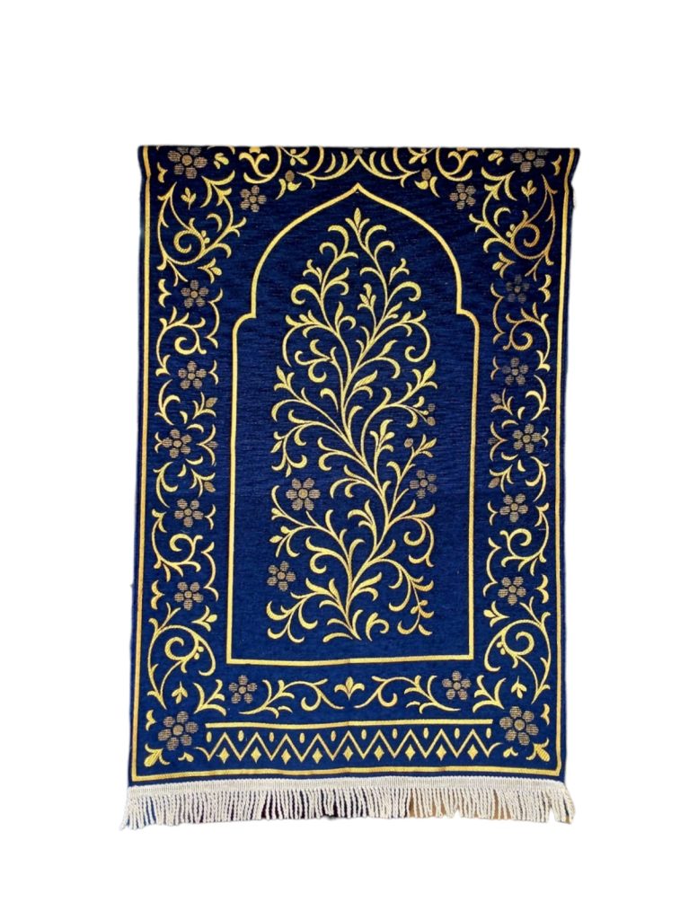 High-quality navy blue prayer mat with gold floral patterns produced by Sakakriya, a leading Indonesian textile factory.