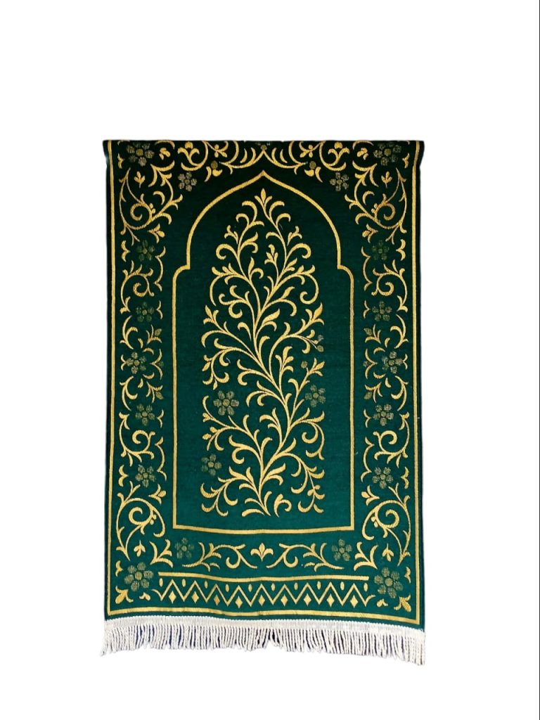Soft green chenille prayer mat with elegant gold floral design. An export-quality product from Sakakriya.id, a custom prayer mat factory in Indonesia supplying bulk orders.