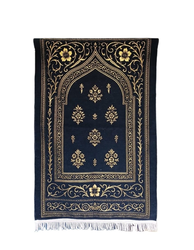 Elegant black chenille prayer rug with a classic gold floral motif. A premium, export-quality product from Sakakriya.id, a leading Indonesian prayer rug manufacturer for wholesale distributors.
