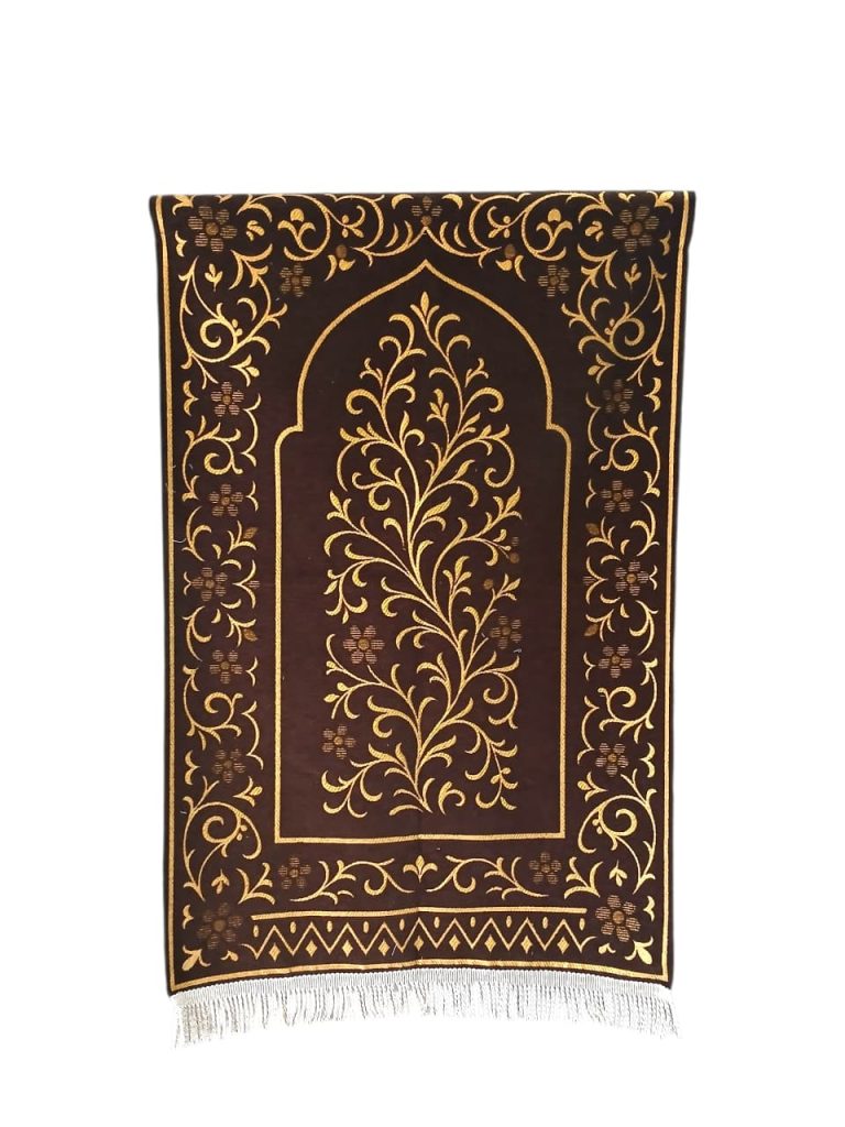 Premium dark brown chenille prayer mat with gold floral embroidery, manufactured by Sakakriya Indonesia for global B2B supply.