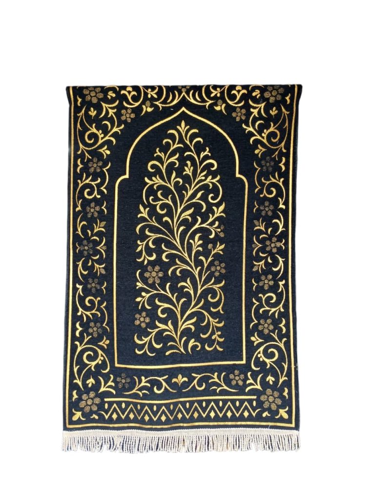 Luxury dark brown chenille prayer rug with gold floral patterns, supplied by Sakakriya Indonesia for international distributors