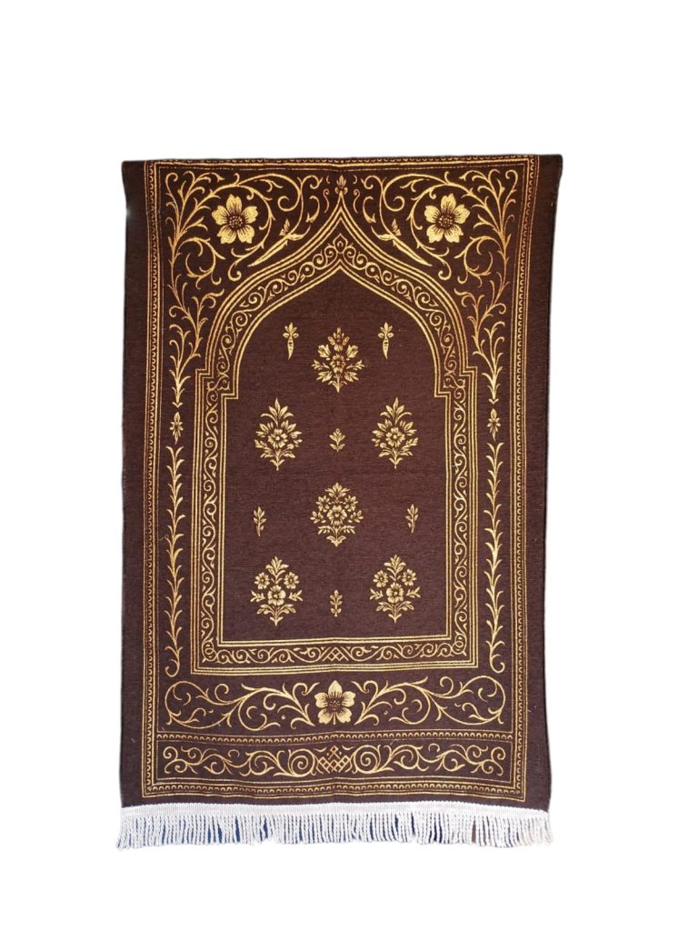 Premium dark brown chenille prayer mat with gold floral patterns, manufactured by Sakakriya Indonesia for global B2B supply