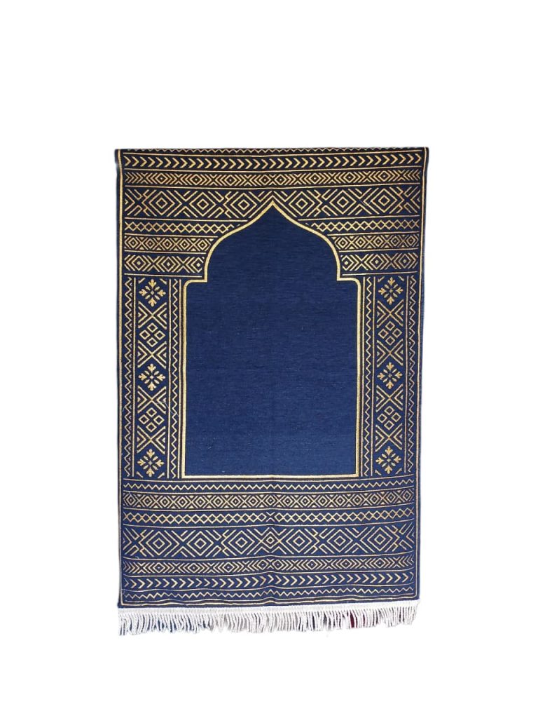 High-quality navy blue chenille prayer mat with a modern gold geometric pattern. An export-quality product from Sakakriya.id, an Indonesian textile factory specializing in bulk prayer rugs for distributors