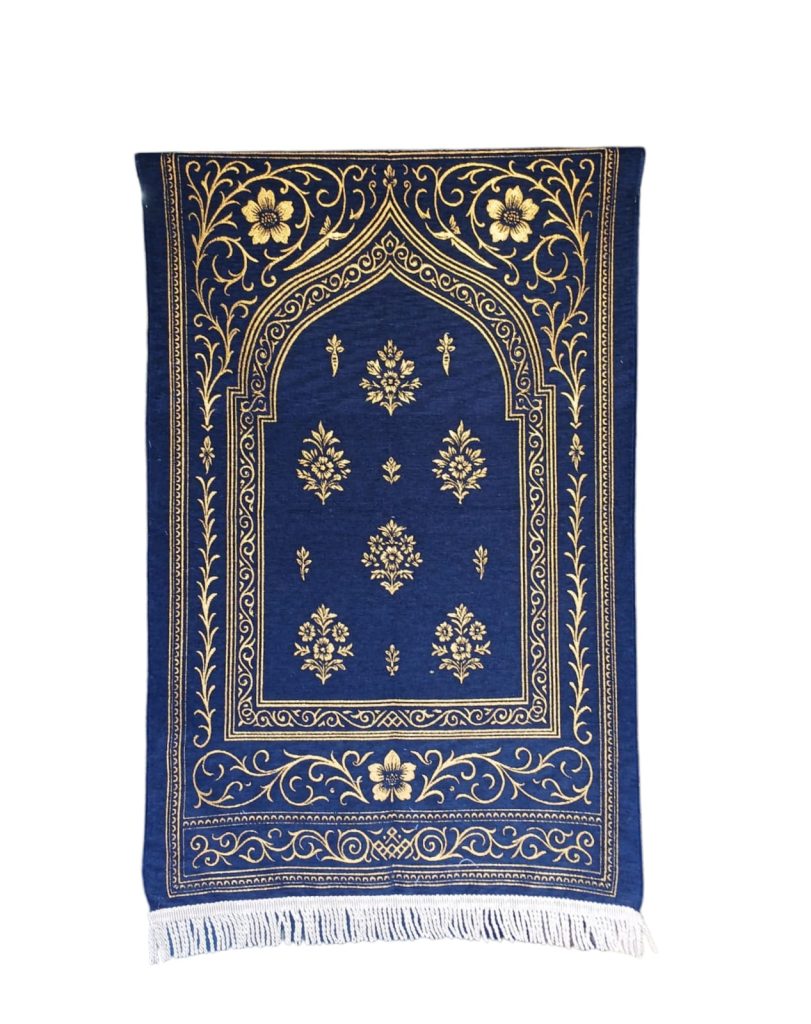 Premium navy blue chenille prayer mat with intricate gold floral pattern. Manufactured by Sakakriya.id, a leading Indonesian prayer rug supplier for wholesale distributors and bulk orders.