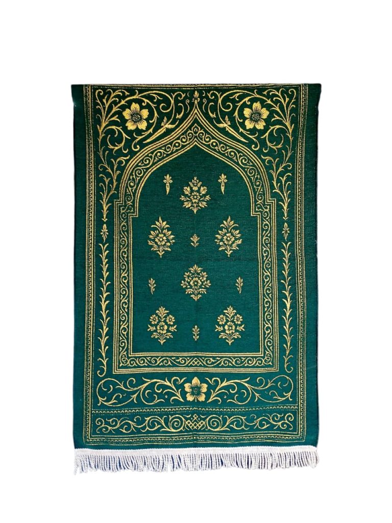 Elegant dark green chenille prayer mat with a luxurious gold floral design. An export-quality product from Sakakriya.id, a premier Indonesian manufacturer supplying wholesale prayer rugs to global distributors