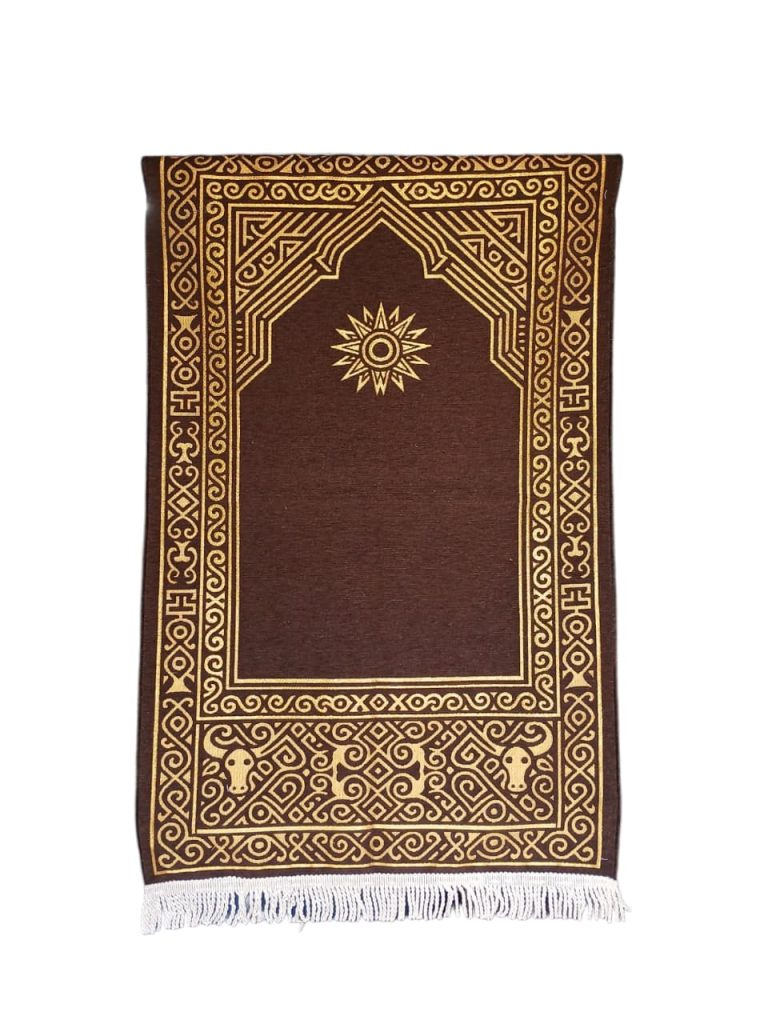 High-end brown chenille prayer rug with gold embossed traditional design, produced by Sakakriya.id, a custom prayer mat factory in Indonesia for global export.