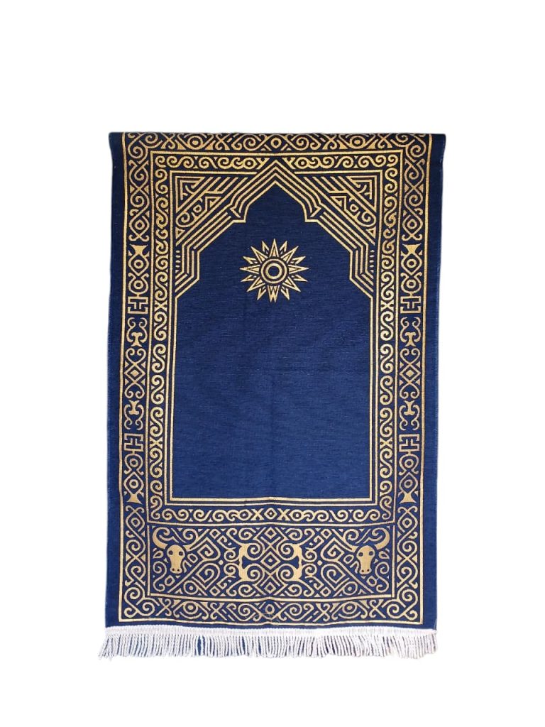 Luxury navy blue chenille prayer mat with intricate gold embossed geometric patterns, from Indonesian textile manufacturer Sakakriya.id, available for bulk orders.