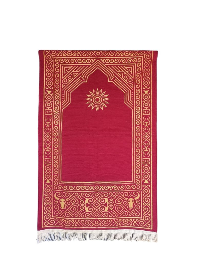 Premium red chenille prayer rug with gold embossed mihrab design, manufactured for wholesale export by Sakakriya.id Indonesia.